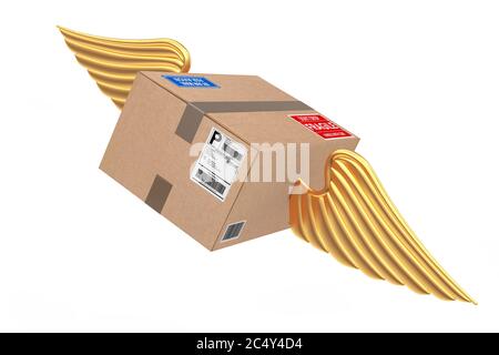 Concetto di spedizione AirMail. Pacchi scatola di cartone con ali dorate su sfondo bianco. Rendering 3d Foto Stock