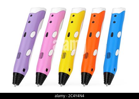 Concetto di tecnologia. Penne colorate per la stampa 3d su sfondo bianco. Rendering 3d Foto Stock