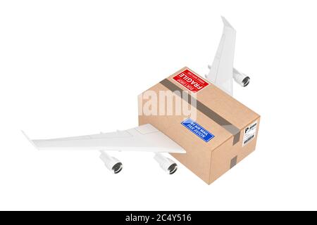 Concetto di spedizione AirMail. Cartone box Parcel con motori Jet e ali per aeroplano su sfondo bianco. Rendering 3d Foto Stock