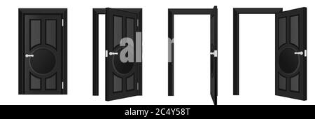 Porta nera in legno classica chiusa e aperta, isolata su sfondo bianco. Ingresso e uscita casa, elemento di design dell'architettura interna. Vettore fl Illustrazione Vettoriale