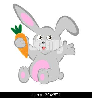 Cartone animato e coniglio divertente tiene una carota nella sua zampa. Illustrazione Vettoriale