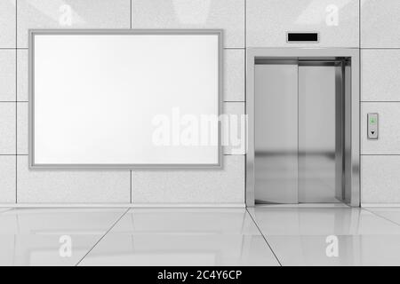 Annunci in bianco Affissioni o Poster vicino a moderno ascensore o ascensore con porte metalliche in uffici edificio molto closeup. Rendering 3d Foto Stock
