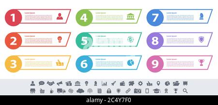 Infografico business design concept illustrazione vettoriale con 9 opzioni o le fasi o processi rappresentano il flusso di lavoro o schema o il pulsante web banner Illustrazione Vettoriale