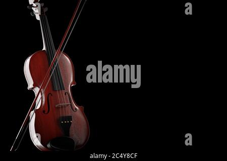 Violino classico in legno con arco su sfondo nero. Rendering 3d Foto Stock