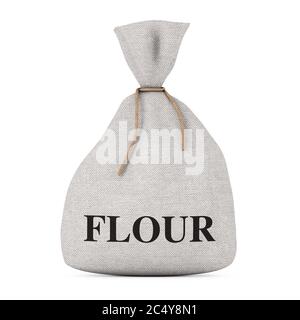 Sacco o borsa in tela rustica legata con Flour Sign su sfondo bianco. Rendering 3d Foto Stock