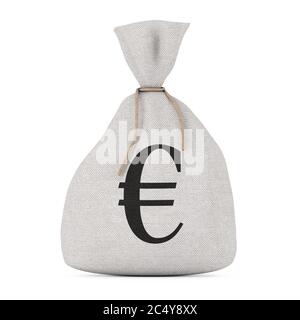 Sacco di denaro o borsa di denaro in tela rustica legata con Euro Sign su sfondo bianco. Rendering 3d Foto Stock