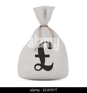 Sacco di denaro o borsa di denaro in tela rustica legata con simbolo Sterling Sterling Sterlina su sfondo bianco. Rendering 3d Foto Stock