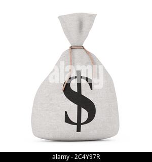 Sacco di denaro o borsa di denaro in tela rustica legata con simbolo del dollaro su sfondo bianco. Rendering 3d Foto Stock