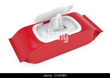 Astuccio per salviette umide in carta da imballaggio bianca rosso su sfondo bianco. Rendering 3d Foto Stock