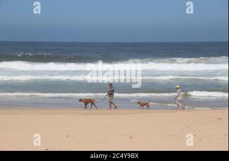 Spiaggia di Plettenberg Bay. Due persone e due cani camminano lungo la riva del selvaggio Oceano Indiano. Garden Route, Sudafrica, Africa. Foto Stock