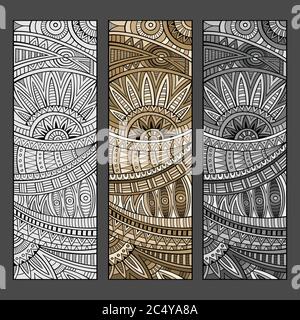 Insieme di modelli etnici disegnati a mano con vettore astratto. Illustrazione Vettoriale