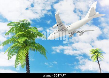 Aereo del passeggero White Jet che volava sopra palme tropicali su sfondo Blue Sky. Rendering 3d. Foto Stock