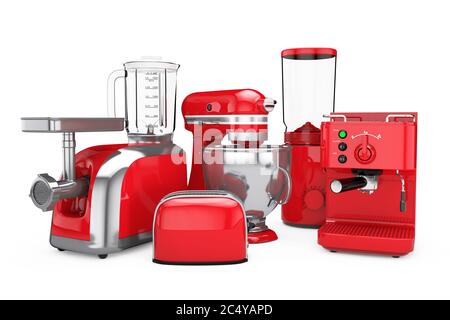 Set di elettrodomestici da cucina. Frullatore rosso, tostapane, macchina per caffè, macinacaffè, mixer per alimenti e macinacaffè su sfondo bianco. Rendering 3d Foto Stock