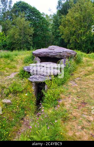 Monumento funerario preistorico a Marin, Galizia, spagna settentrionale. Si chiama ' Mamoa do Rei '. 3000 a.C. Dolmen ricostruito nel 2003. Foto Stock