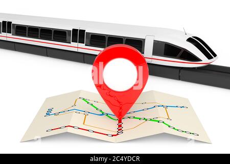 Super High Speed futuristico treno Computer Vicino ripiegato astratto navigazione Stazione Mappa con puntatore Mappa su sfondo bianco. Rendering 3d Foto Stock