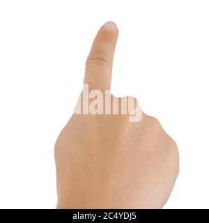 Mano femminile che punta o simula premendo un pulsante gesto di un dito indice su uno sfondo bianco Foto Stock