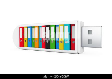 Concetto di computer Business. Cartelle Office colorate su un'unità flash USB su sfondo bianco. Rendering 3d Foto Stock