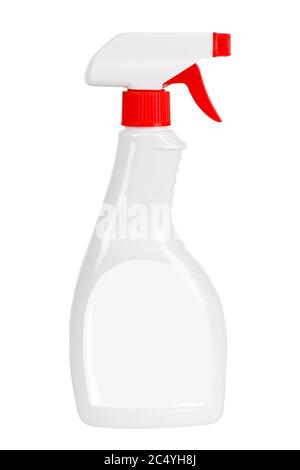 Flacone detergente bianco in plastica spray Mockup con etichette vuote per il tuo design su sfondo bianco Foto Stock