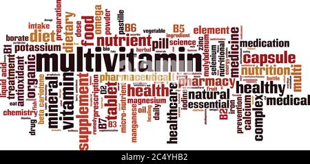 Concetto di cloud con parole multivitaminiche. Collage fatto di parole su multivitaminico. Illustrazione vettoriale Illustrazione Vettoriale