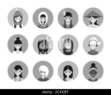 Set di icone utente di carine giovani donne di diverse nazioni in stile piatto. Illustrazione vettoriale Foto Stock