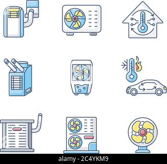 Set di icone di colore RGB per raffreddamento e riscaldamento dell'aria Illustrazione Vettoriale