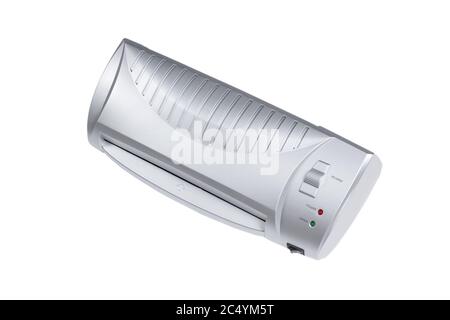 Laminatore di carta da ufficio Silver di piccole dimensioni isolato su sfondo bianco Foto Stock