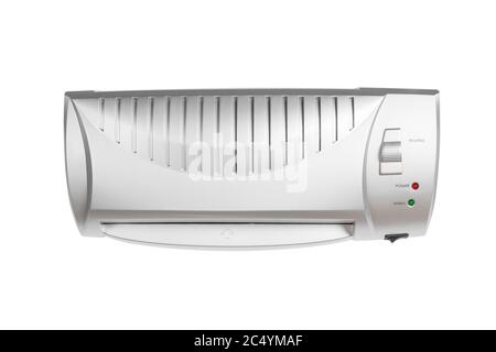 Laminatore di carta da ufficio Silver di piccole dimensioni isolato su sfondo bianco Foto Stock