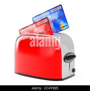 Concetto di crediti. Carta di credito che esce dal tostapane rosso vintage su sfondo bianco. Rendering 3d Foto Stock