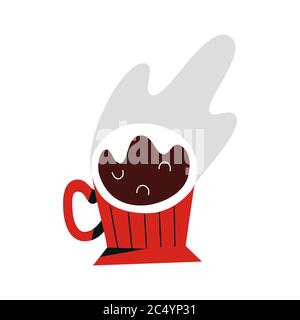 Tazza da caffè icona disegnata a mano, illustrazione vettoriale stilizzata, clipart colorata piatta, tazza da caffè con vapore, bevanda espresso, buona come logo Illustrazione Vettoriale