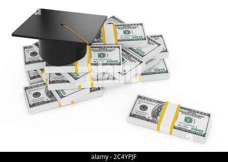 Cappellino di graduazione e pile di dollari su sfondo bianco. Rendering 3d. Foto Stock