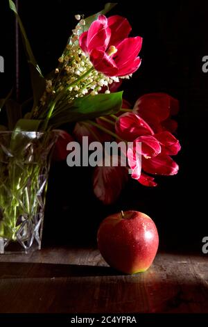 Tulipani rossi e lucertole in vaso e mela su sfondo nero Foto Stock