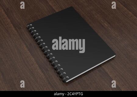 Pubblicità o Branding modello Blank notebook Black Mockups su un tavolo di legno. Rendering 3d. Foto Stock