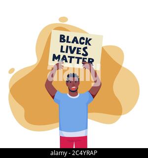 L'uomo afro-americano che protestava sollevò le mani con un poster. Le vite nere contano, protestano, lottano per il concetto di diritti. Vettore piatto cartoon carattere ill Illustrazione Vettoriale