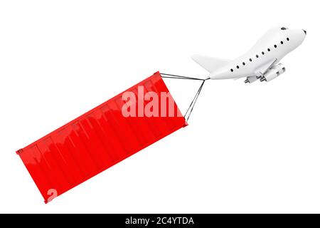 Cartoon Toy Jet Airplane trasportano il contenitore del carico su uno sfondo bianco. Rendering 3d. Foto Stock