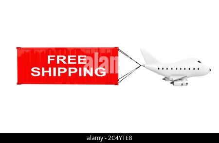 Cartoon Toy Jet Airplane porta il contenitore di carico con cartello di spedizione gratuito su sfondo bianco. Rendering 3d. Foto Stock