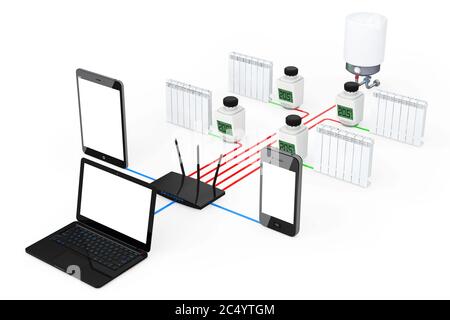 Sistema di climatizzazione domestica wireless controllato da laptop, Tablet PC e telefono cellulare su sfondo bianco. Rendering 3d. Foto Stock