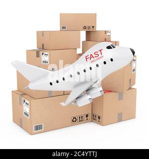 Concetto Air Cargo. Aereo a getto di giocattolo Cartoon con cartello di consegna rapida vicino a scatole di merci su sfondo bianco. Rendering 3d. Foto Stock