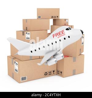 Concetto Air Cargo. Cartoon Toy Jet Airplane con cartello di spedizione gratuita vicino a scatole di merci su sfondo bianco. Rendering 3d. Foto Stock