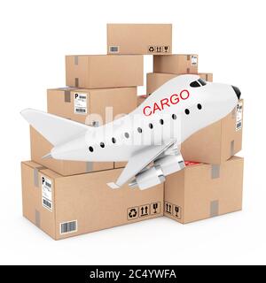 Concetto Air Cargo. Cartoon Toy Jet Airplane con cartello Cargo vicino a scatole di merci su sfondo bianco. Rendering 3d. Foto Stock