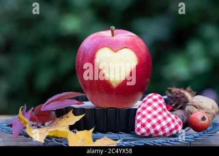 decorazione autunnale con mela con ornamento cuore Foto Stock