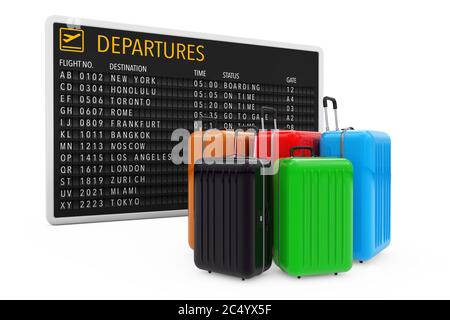 Concetto Air Travel. Grandi valigie multicolore in policarbonato vicino al tavolo delle partenze dell'aeroporto su sfondo bianco. Rendering 3d. Foto Stock