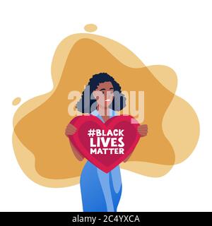 Donna afro-americana protestante con hashtag sul poster del cuore. Le vite nere contano, protestano e lottano per il concetto di diritti. Carattere cartoon piatto vettoriale Illustrazione Vettoriale