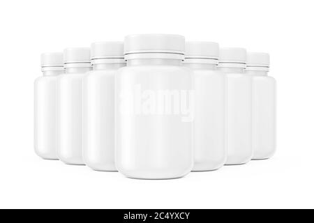 File di pillole bianche di plastica bottiglie su sfondo bianco. Rendering 3d. Foto Stock