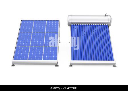 Riscaldatore di acqua solare con pannello solare su sfondo bianco. Rendering 3d. Foto Stock