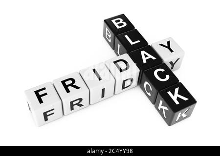 Concetto di Black Friday. Firma come blocchi Crossword su sfondo bianco. Rendering 3d. Foto Stock