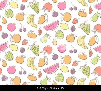 Frutta disegnata a mano motivo senza cuciture. Raccolta di frutta colorata isolata su sfondo bianco. Illustrazione vettoriale. Illustrazione Vettoriale