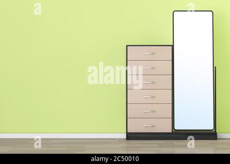 Moderno dresser in legno con specchio davanti al muro di ulivo. Rendering 3d. Foto Stock