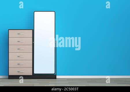 Moderno dresser in legno con specchio davanti alla parete blu. Rendering 3d. Foto Stock