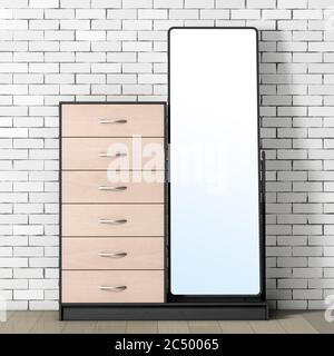 Moderno dresser in legno con specchio davanti a muro di mattoni. Rendering 3d. Foto Stock