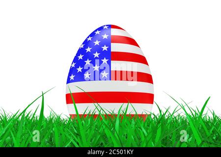 Uova di Pasqua con bandiera degli Stati Uniti in erba verde su sfondo bianco. Rendering 3d. Foto Stock